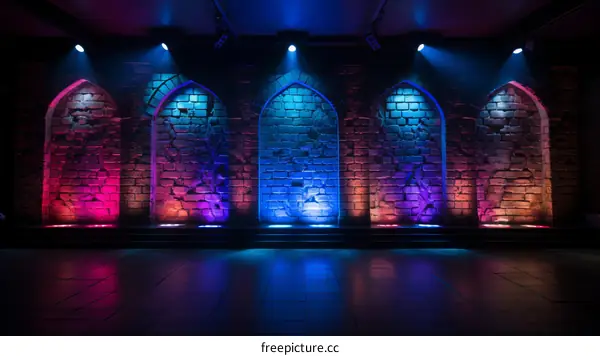 Illuminated Blue and Purple Brick Wall Stage Background