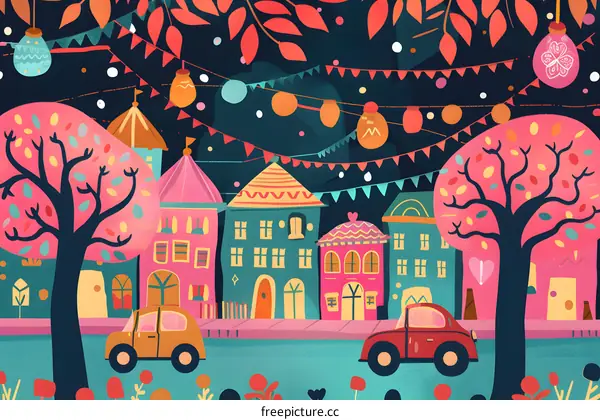 Colorful Cityscape Illustration With Festive Decorations