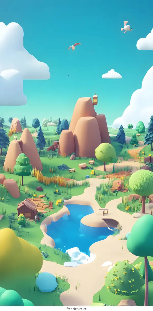 Cartoon Illustration Of A Fantasy Landscape With A Lake And Mountains