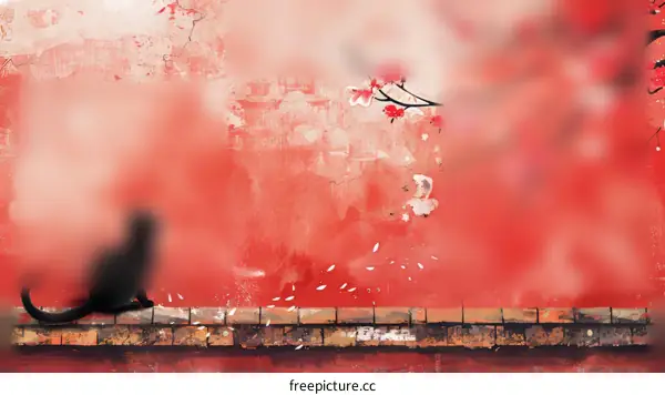 A black cat is sitting on a red wall under a cherry blossom tree