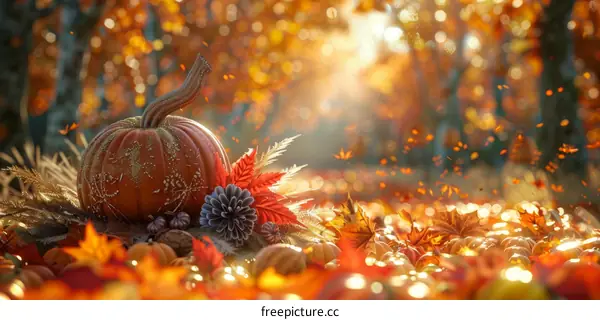 Autumn Pumpkin Scene with Leaves and Pine Cone