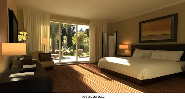 Modern Bedroom Interior Design with Large Window and Garden View