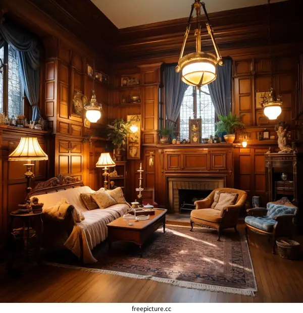 Ornate wooden living room with fireplace and oriental rug