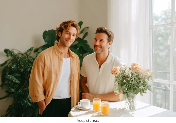 Two Caucasian Men Enjoying a Morning Together