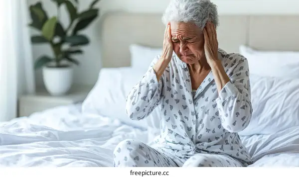 Elderly Woman Suffering from Headache in Bed