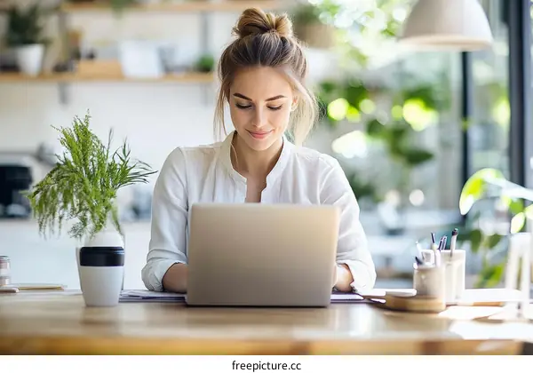 Woman Working on Laptop in Cafe