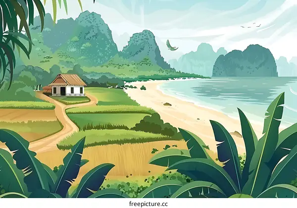Tropical Beach Landscape with House and Mountains