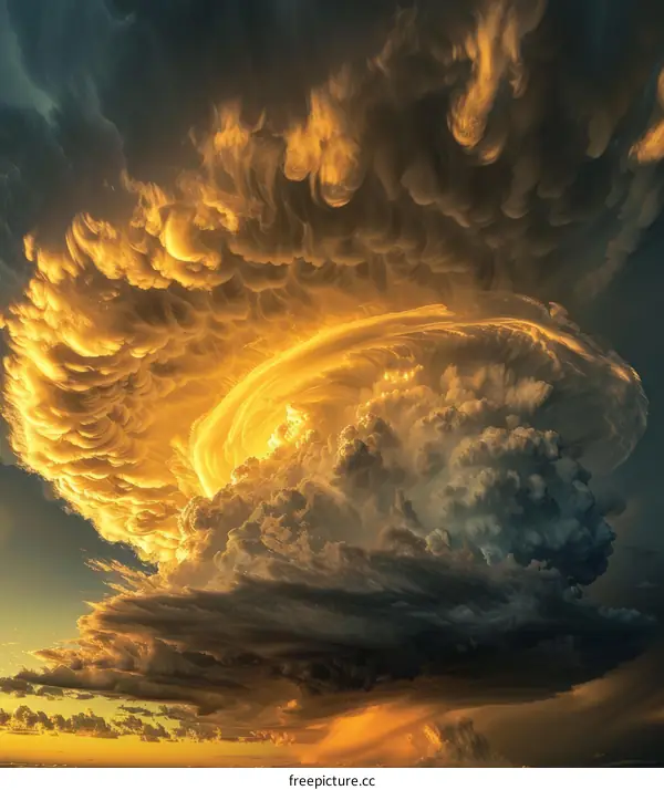 Amazing storm cloudscape with bright yellow glowing center