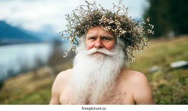 Elderly Man with Floral Crown Portrait Outdoors