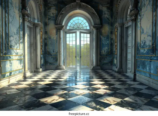 Ornate Blue and White Marble Ballroom with Arched Doorway