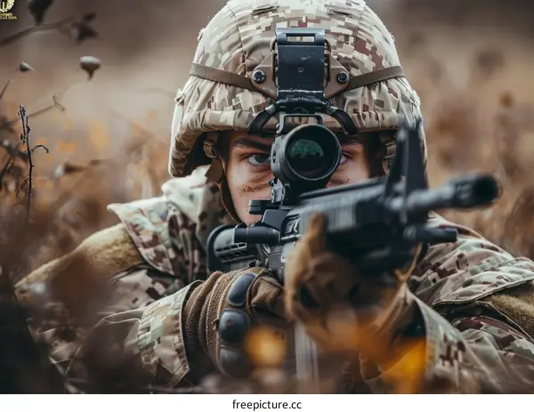 Soldier Taking Aim with Rifle