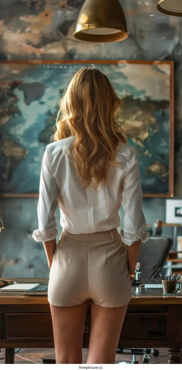 Woman Looking at a Vintage World Map