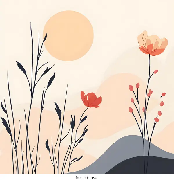 Minimalist Flower Illustration With Sun and Hills