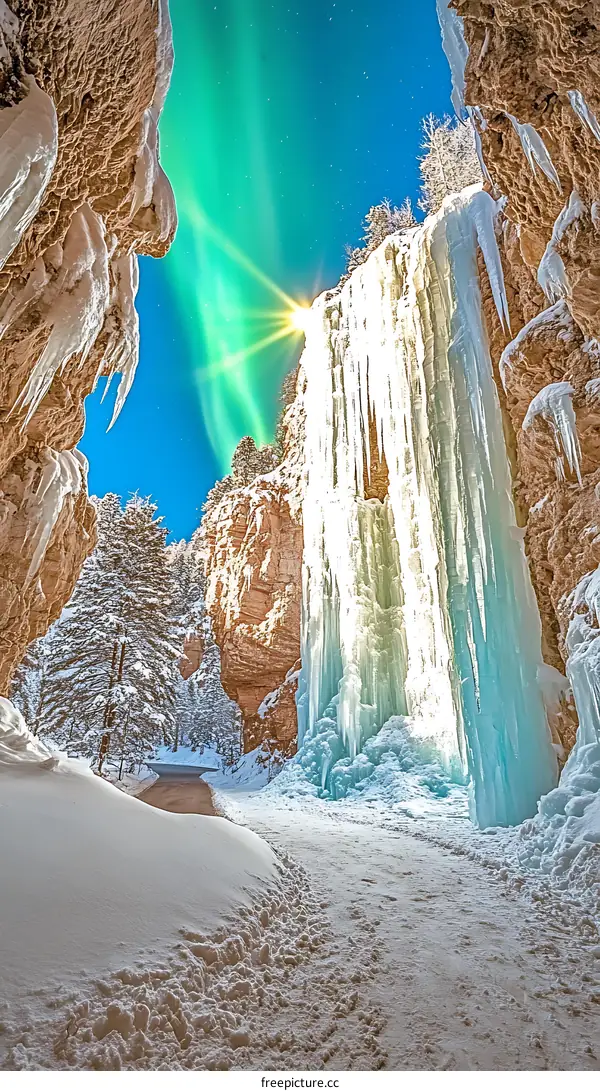 Frozen Waterfall In Canyon With Northern Lights