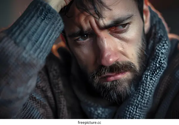 Portrait of a man with a beard and a scarf looking at the camera with a serious expression