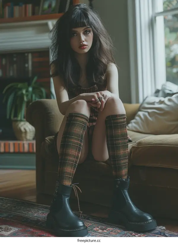 Young Woman in Plaid Tights and Black Boots