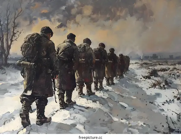 A group of soldiers walking through the snow during World War II