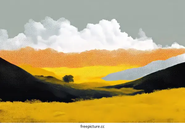Colorful Hills and Fluffy Clouds Landscape Painting