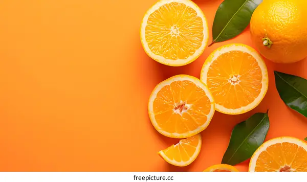 Fresh Orange Slices and Leaves on Orange Background