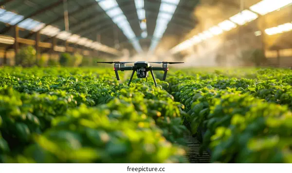 Drone flying over a lush green basil crop in a greenhouse