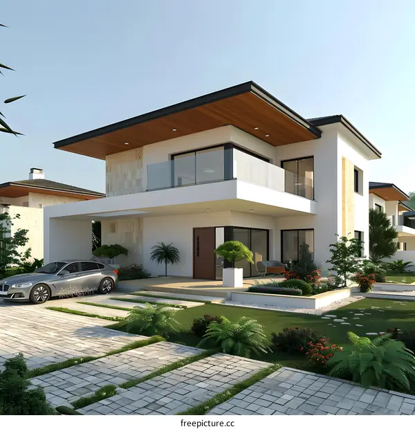 A 3D rendering of a beautiful modern house with a pool