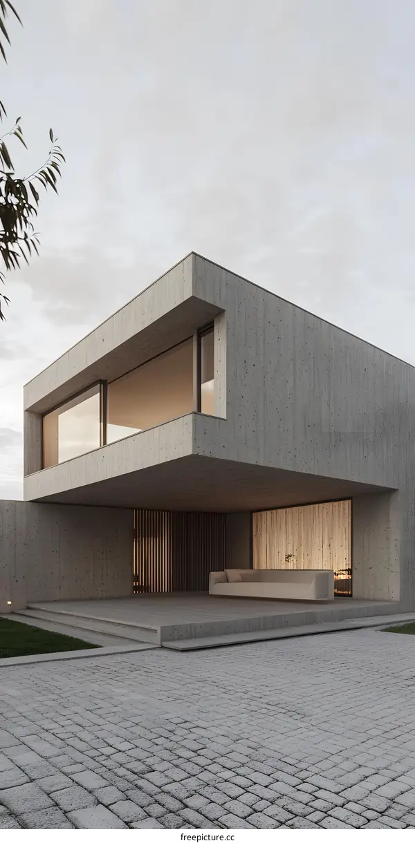 Modern Concrete House Design with Large Windows and Stone Patio