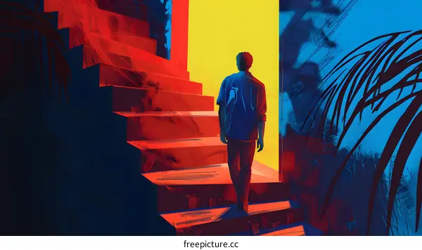 Man Walking Up Stairs Towards Light