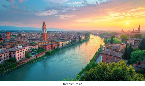 Verona Cityscape at Sunset with River Adige