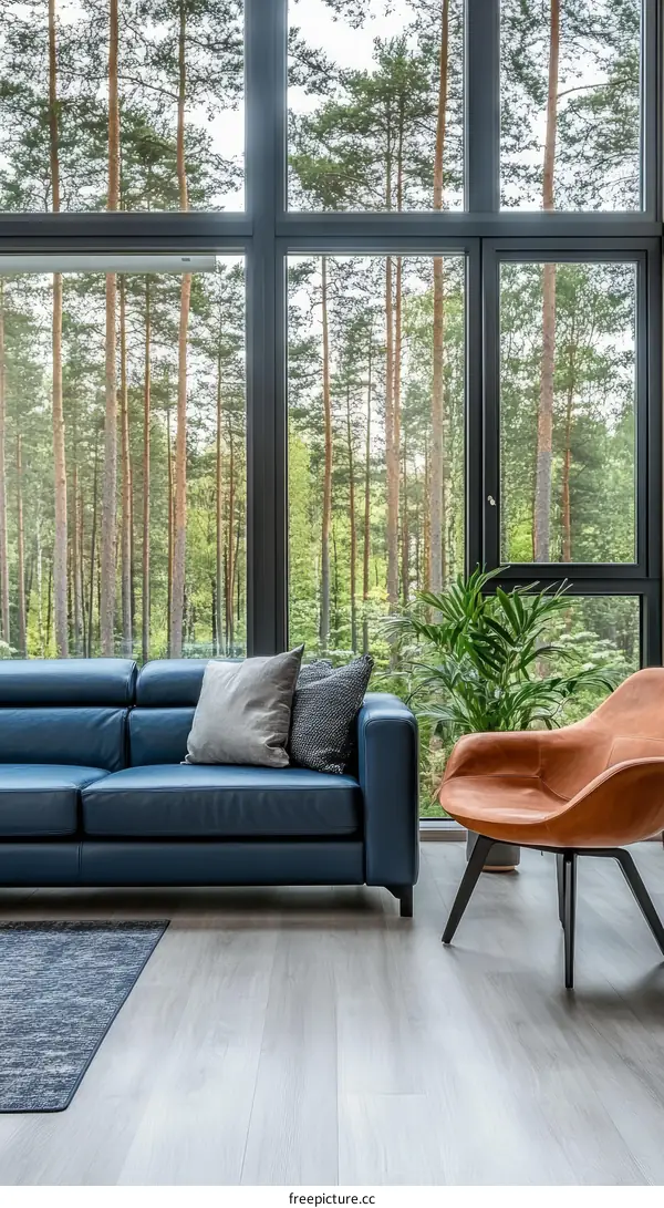 Modern Living Room with Large Windows Overlooking Forest