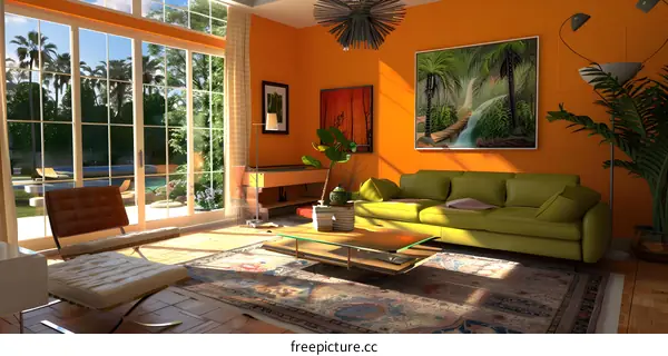Modern Living Room With Orange Walls And Palm Tree Paintings