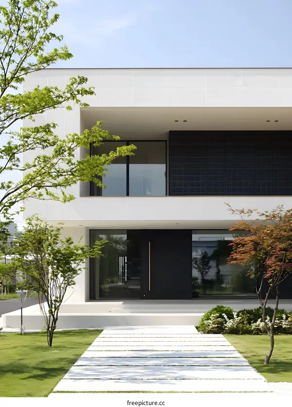 Modern Minimalist House Exterior Design with Green Grass Lawn