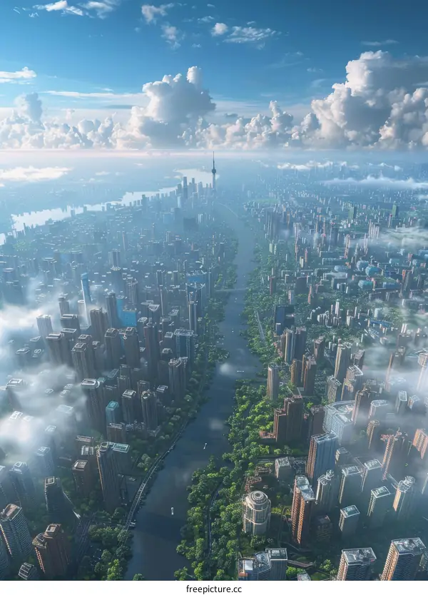 Aerial View of a Modern Cityscape with Lush Greenery