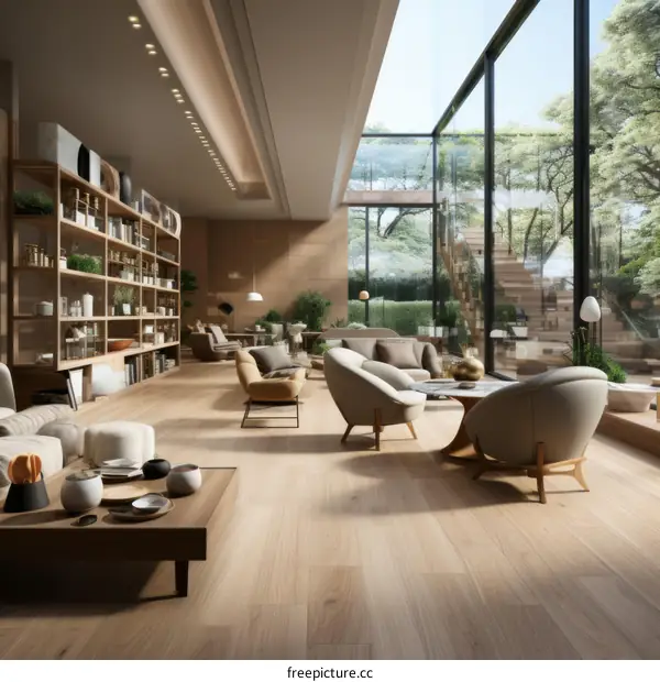 Modern living room interior design with large windows and wooden furniture