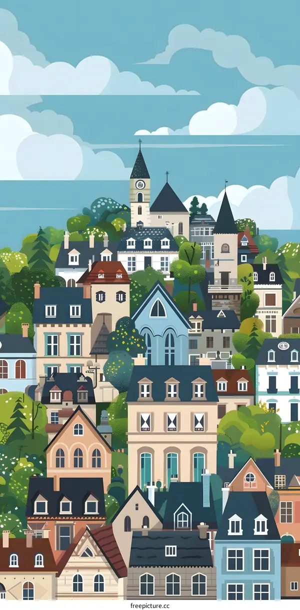 Beautiful Hand Drawn Illustration of European Village Landscape