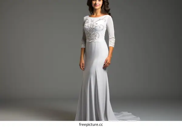 Elegant gray wedding dress with lace and crystal details