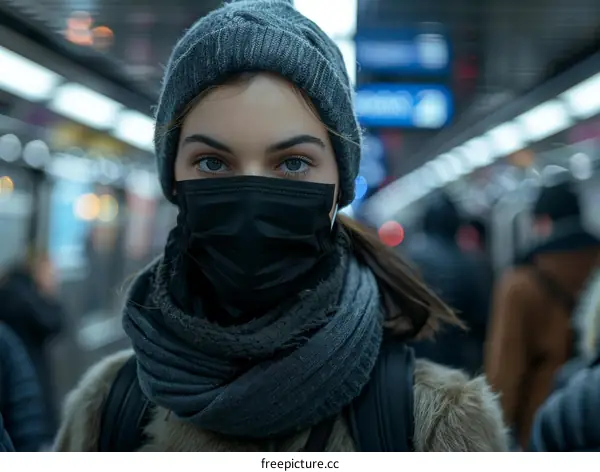 Portrait of a young woman wearing a surgical mask in a public place