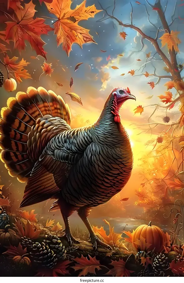 A majestic turkey stands in a field of fallen leaves.