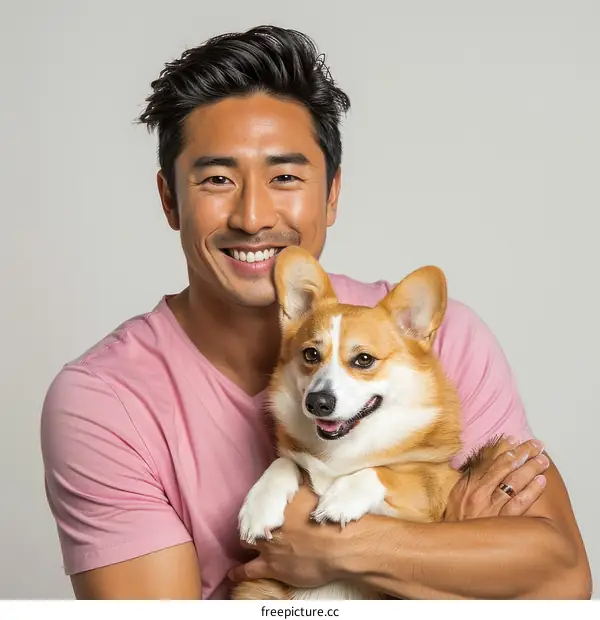 Asian man smiling with his corgi dog