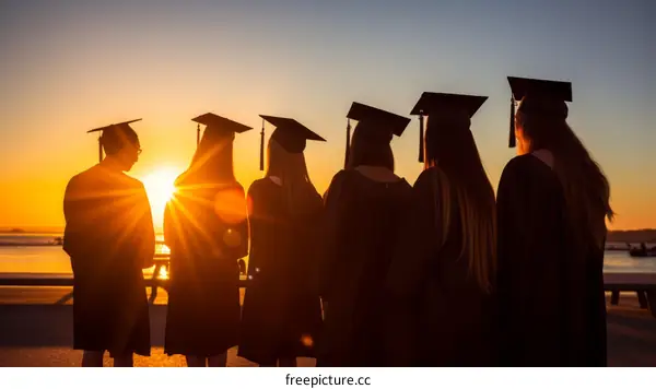 Five college graduates watching the sunset