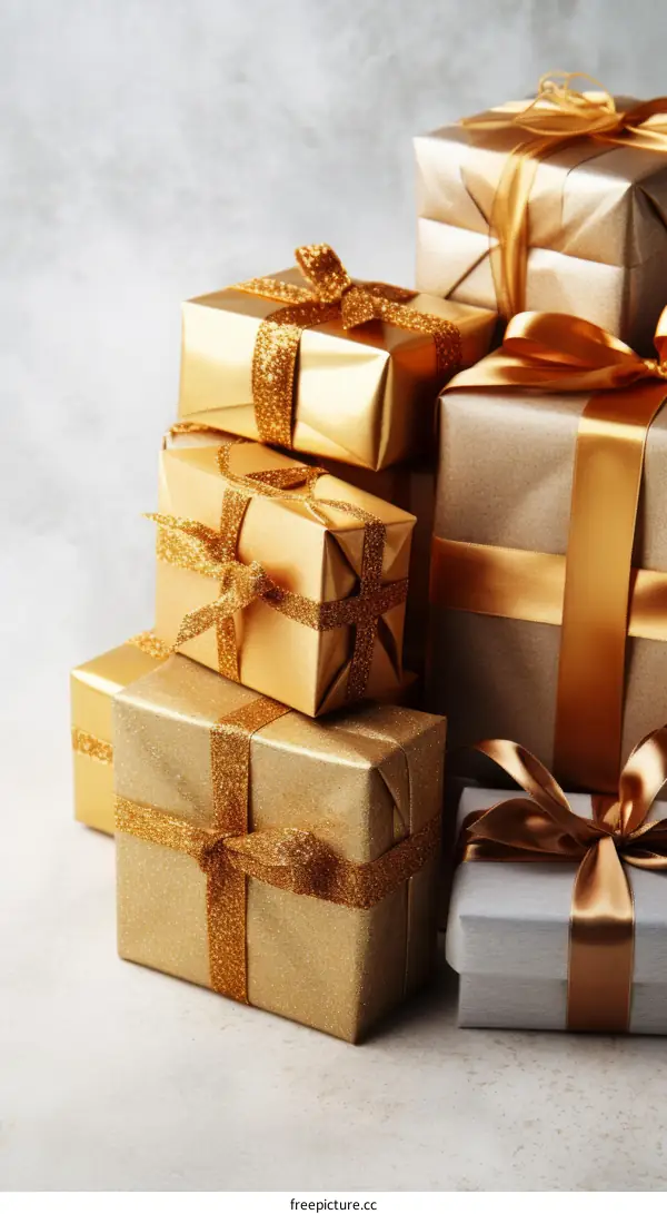 A stack of presents adorned with gold and silver ribbons