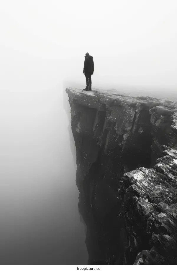 Man standing on edge of cliff looking down into foggy abyss