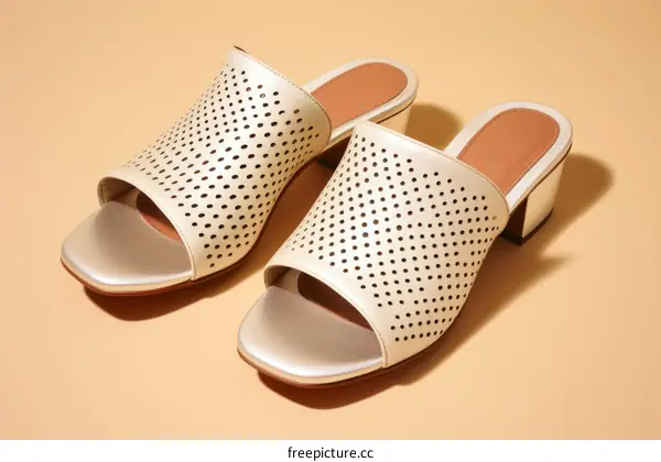 Cream Perforated Leather Clogs with Block Heel