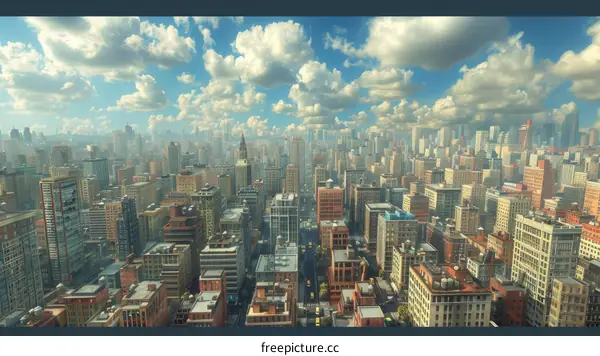 American City Skyline with Skyscrapers and Blue Sky