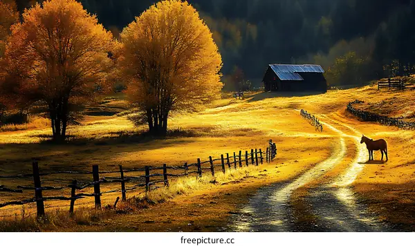 Golden Autumn Fields with a Horse and Rustic Barn
