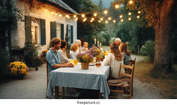 Outdoor Family Dinner Party Under String Lights