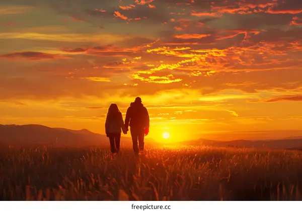 couple holding hands in a field of wheat during sunset