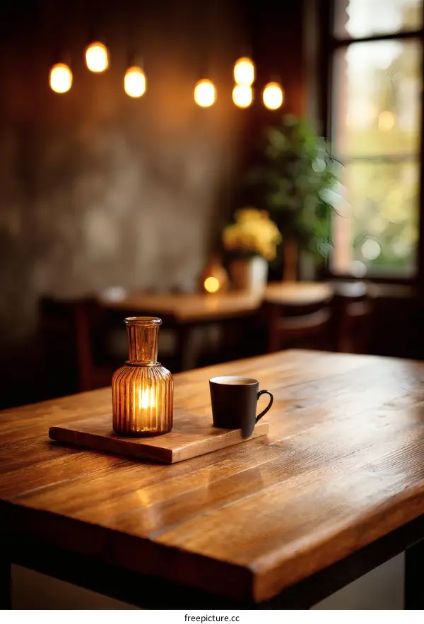 Rustic Cafe Table with Warm Lighting