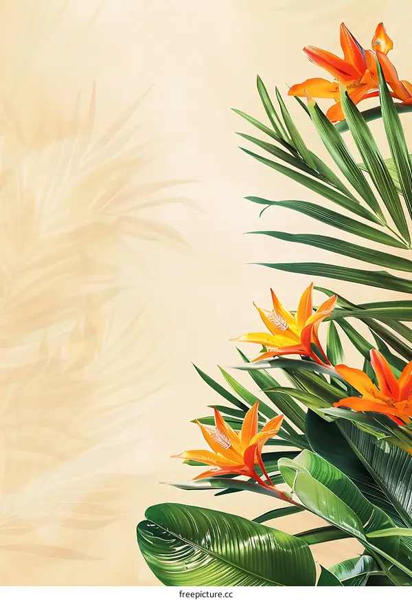 Tropical Leaves and Orange Flowers Background