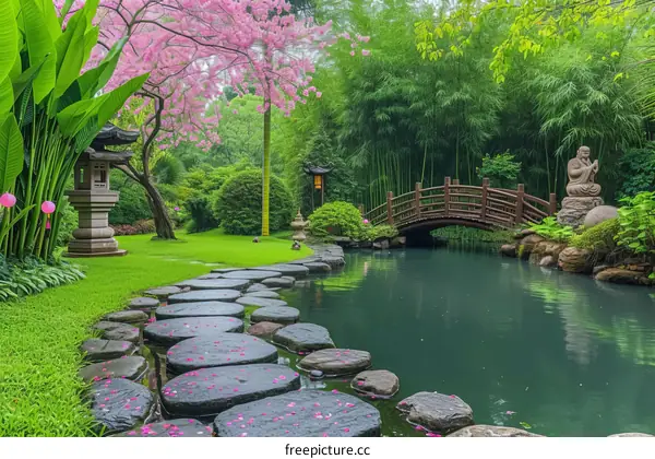 A beautiful Japanese garden with a pond, bridge, and cherry blossom trees