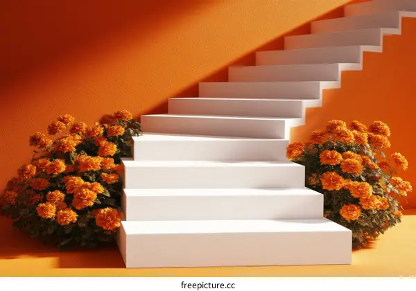 Orange Marigold Flowers on White Stairs Against Orange Wall
